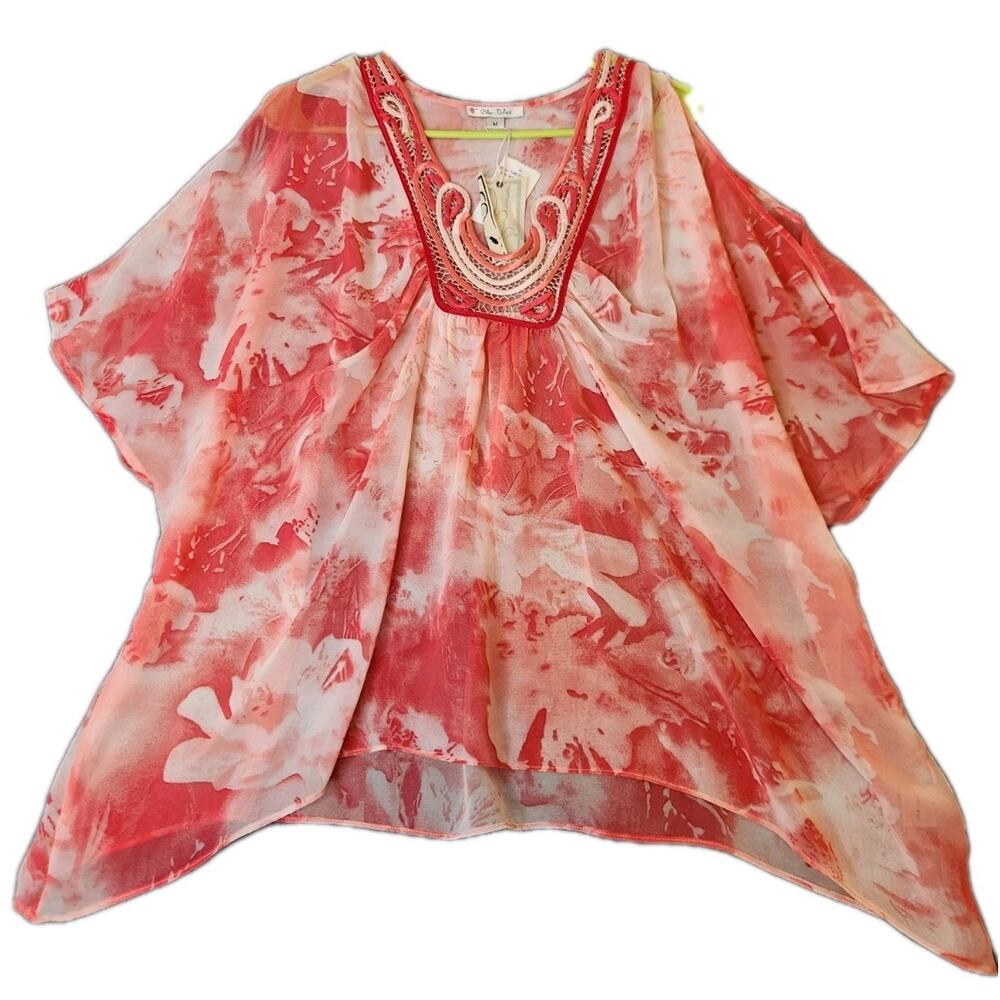 Blue Velvet Pink Floral Sheer Kimono‎ Shawl Poncho Sz M Beaded Sheer topper NWT